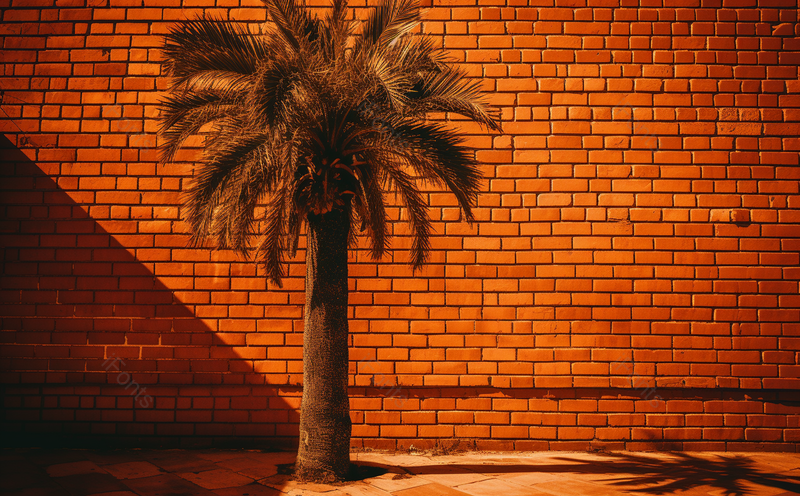 暗黄色背景砖墙特写棕榈树复古风摄影图片,高清,摄影图,摄影图片,图片大全,摄影图免费下载